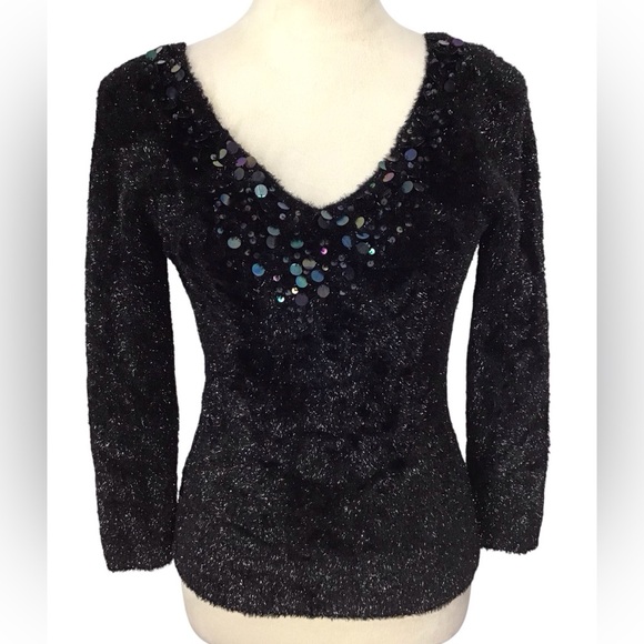 Nicole Miller Black Fuzzy Sequin V Neck Sweater - Picture 1 of 7